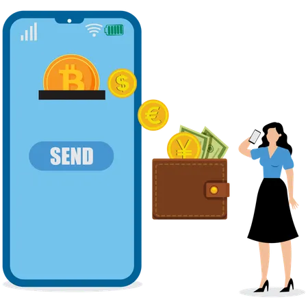 Businesswoman sending money from mobile  Illustration