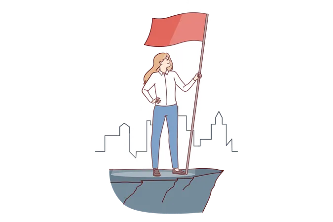 Woman Leader With Flag Symbolizing Ambition And Desire To Achieve Business Success Or Career Growth Businesswoman Leader Became Winner In Industry And Defeated Company Competitors イラスト