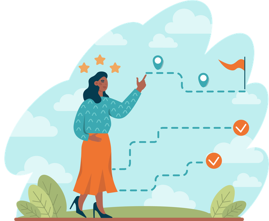 Businesswoman sets up road map for business goals  Illustration