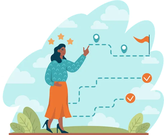 Businesswoman sets up road map for business goals  Illustration