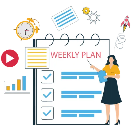 Businesswoman Setting Goals and Weekly Plan  Illustration