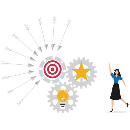 Businesswoman setting goals on target with arrows coming from different directions to career achievements  Illustration