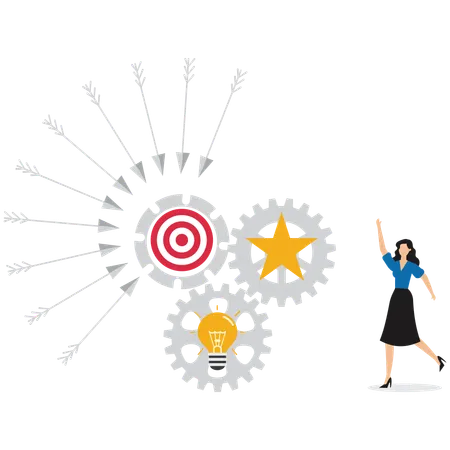 Businesswoman setting goals on target with arrows coming from different directions to career achievements  Illustration