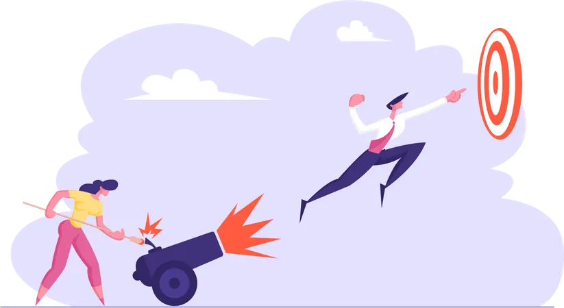 Business Woman Is Setting On Fire The Cannon With Businessman Flying To The Target Goal Achievement Leadership Business Solution Concept Vector Flat Illustration Illustration