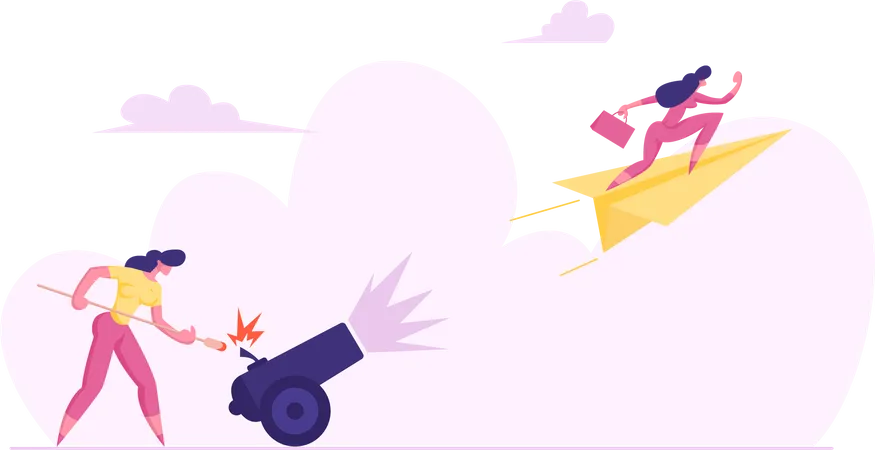 Business Woman Is Setting On Fire The Cannon With Businesswoman Flying On Paper Plane Goal Achievement Leadership Concept Vector Flat Illustration Illustration