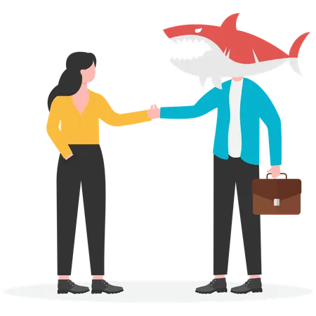 Businesswoman shakes hand with fraudster  Illustration