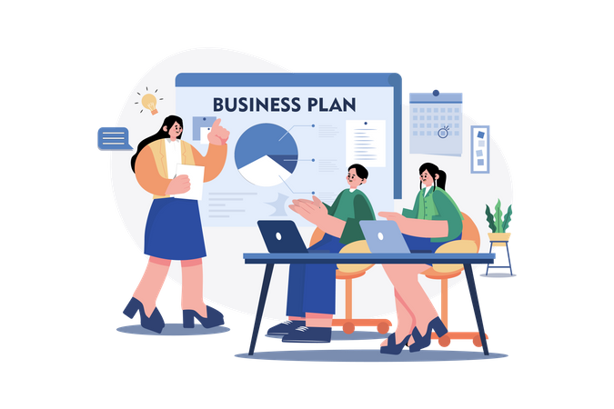 Businesswoman sharing business plan with team  일러스트레이션