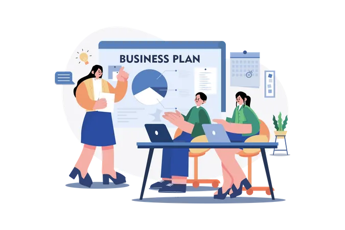 Businesswoman sharing business plan with team  일러스트레이션