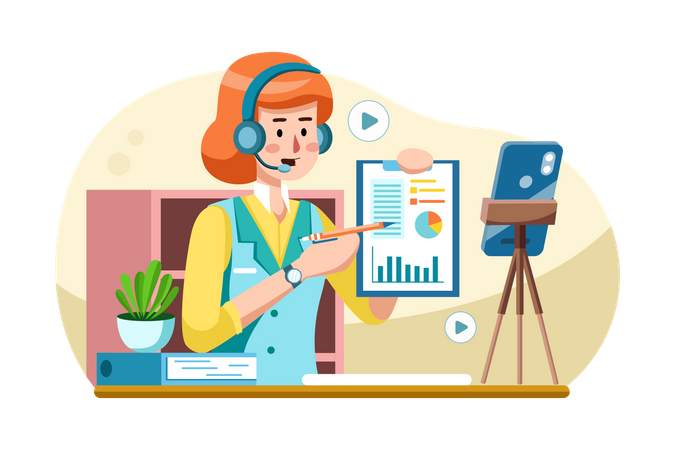 Businesswoman sharing marketing ideas online in front of a video camera Illustration