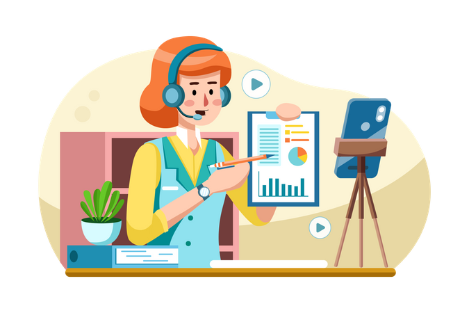 Businesswoman sharing marketing ideas online in front of a video camera  Illustration