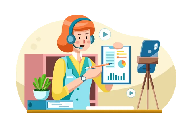 Businesswoman sharing marketing ideas online in front of a video camera  Illustration