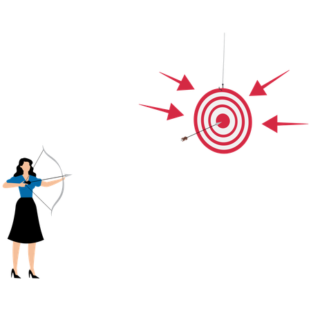 Businesswoman shooting bow on target bullseye  Illustration