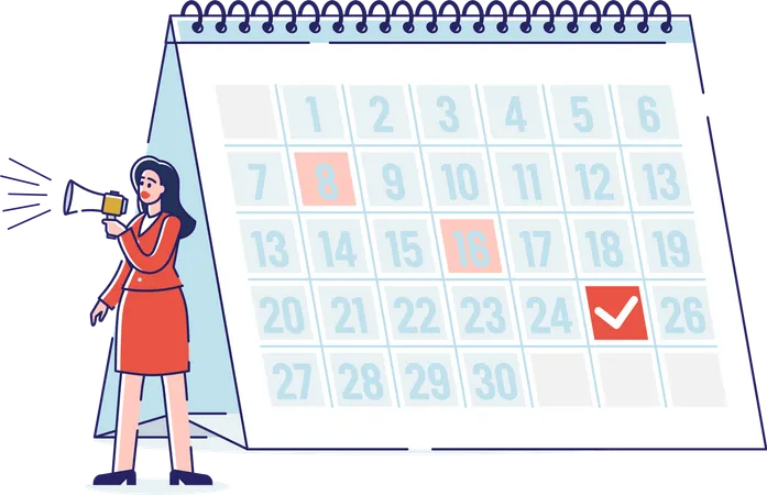 Concept Of Work Deadlines Announcements Female Cartoon Character With Loudspeaker Near The Desk Calendar Woman Is Making An Important Announcement Cartoon Linear Outline Flat Vector Illustration Illustration