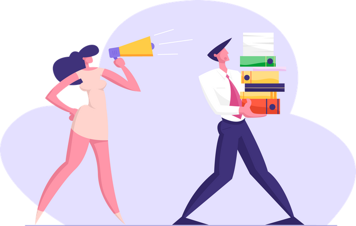 Businesswoman Shouting in Megaphone on Office Employee Carrying Huge Pile of Documentation Folders. Deadline, Boss, Company Leader Hurry Worker with Job, Overwork Character Flat Vector Illustration Illustration