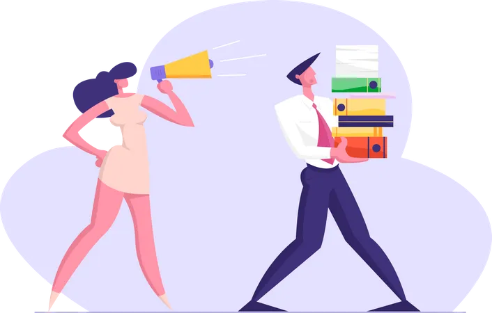 Businesswoman Shouting in Megaphone on Office Employee Carrying Huge Pile of Documentation Folders. Deadline, Boss, Company Leader Hurry Worker with Job, Overwork Character Flat Vector Illustration Illustration