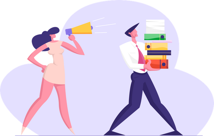Businesswoman Shouting in Megaphone on Office Employee Carrying Huge Pile of Documentation Folders. Deadline, Boss, Company Leader Hurry Worker with Job, Overwork Character Flat Vector Illustration  Illustration