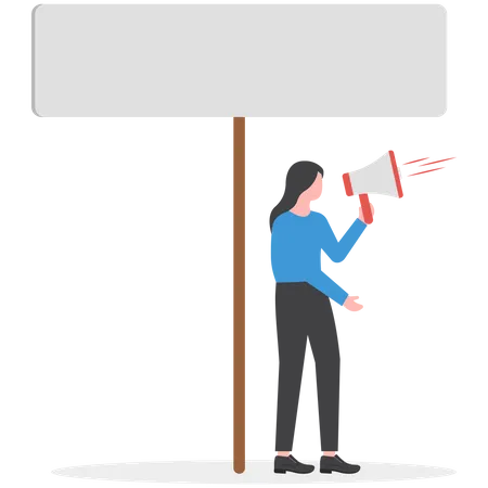 Businesswoman shouting through loud speaker and holding placard  Illustration