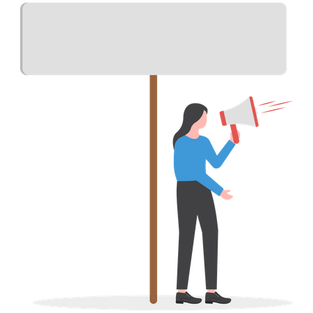 Businesswoman shouting through loud speaker and holding placard  Illustration