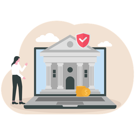 Businesswoman showing bank building  Illustration