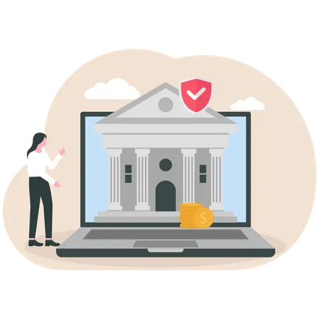 Businesswoman showing bank building  Illustration