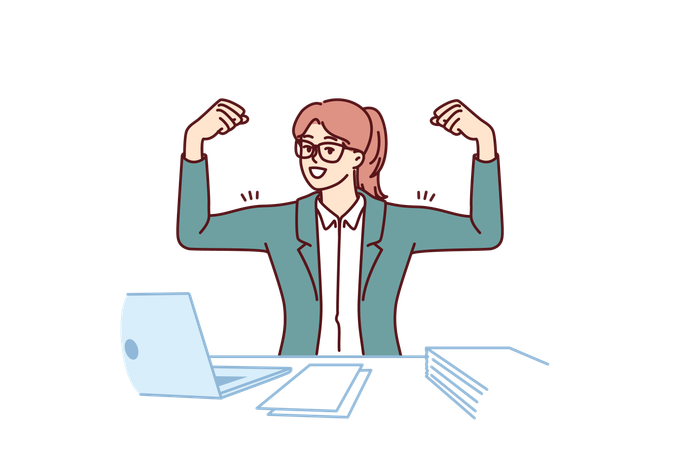 Businesswoman showing biceps on hands sitting at office table with laptop  Illustration