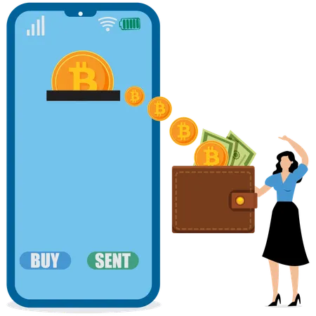 Businesswoman showing bitcoin wallet on mobile phone  Illustration