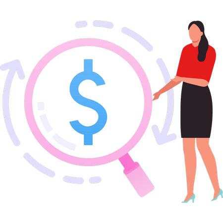 Businesswoman showing dollar sign on magnifying glass  イラスト