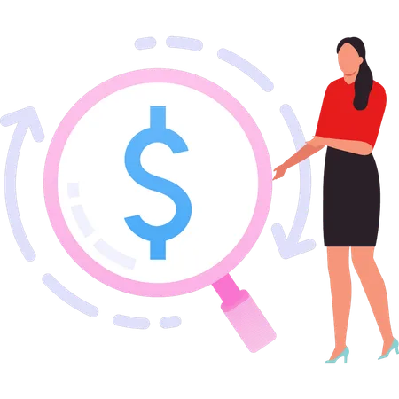 Businesswoman showing dollar sign on magnifying glass  Illustration