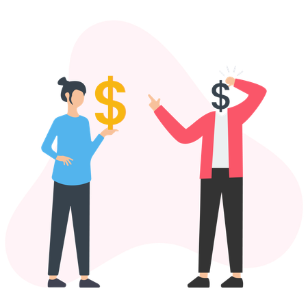 Businesswoman showing dollar sign to confused businessman with dollar sign for head  Illustration