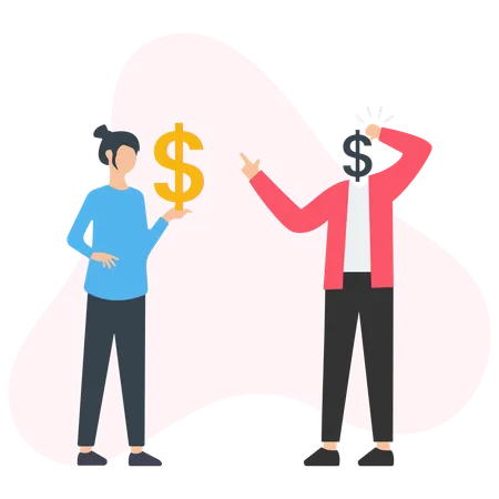Businesswoman showing dollar sign to confused businessman with dollar sign for head  Illustration