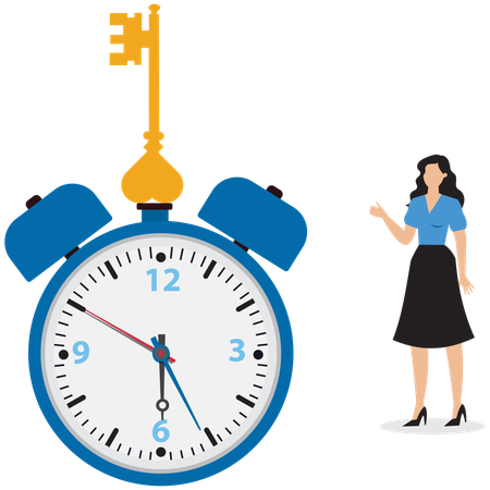 Businesswoman showing key on stopwatch  Illustration