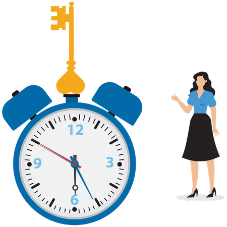 Businesswoman showing key on stopwatch  Illustration