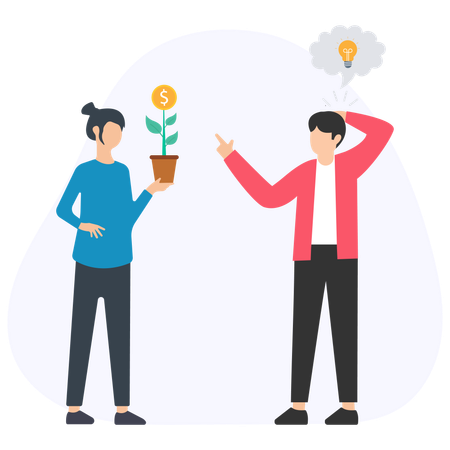 Businesswoman showing money plant to confused businessman having new idea  Illustration