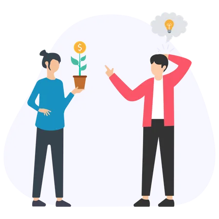 Businesswoman showing money plant to confused businessman having new idea  Illustration