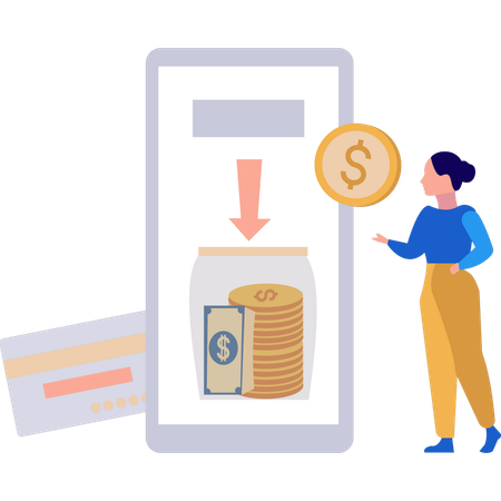 Businesswoman showing online savings jar in mobile  Illustration