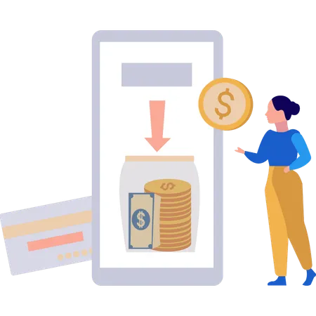 Businesswoman showing online savings jar in mobile  Illustration