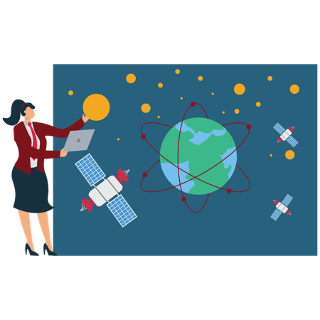 Businesswoman showing Space Satellite Orbit  Illustration