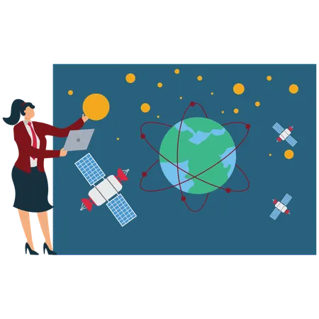 Businesswoman showing Space Satellite Orbit  Illustration