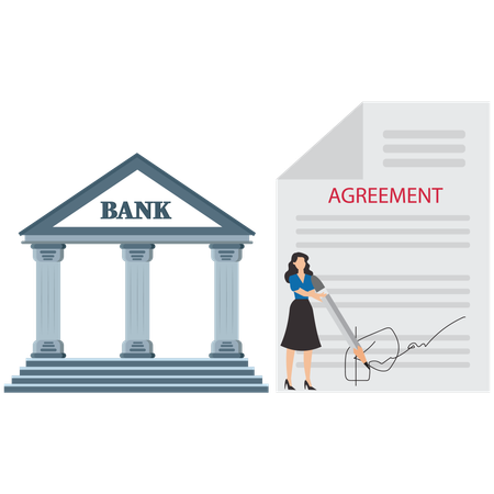 Businesswoman signing signature on obligation banking document to make agreement  Illustration