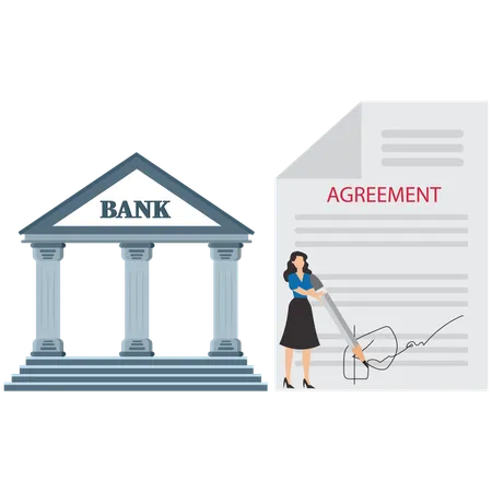 Businesswoman signing signature on obligation banking document to make agreement  Illustration