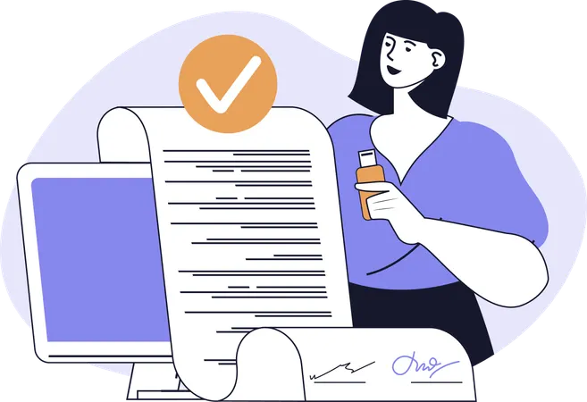 Businesswoman signs business contract with digital signature  Illustration