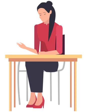 Businesswoman Sits At Workplace Woman Works In Business Plans Development Strategy Business Company Employee At Table Lady Explains And Gestures During Work Isolated On White Background Illustration