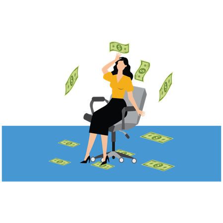 Businesswoman sitting and looking up with dollar bills scattered  Illustration