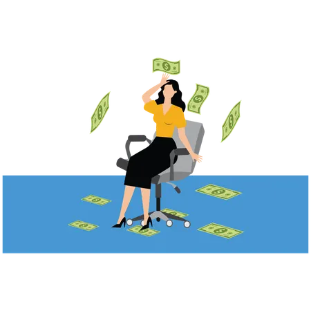 Businesswoman sitting and looking up with dollar bills scattered  Illustration