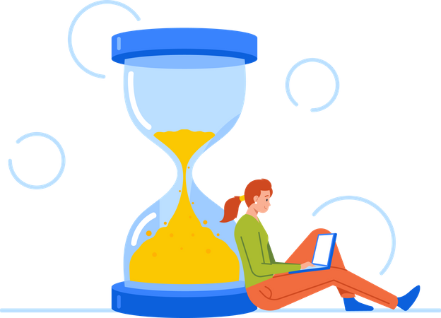Businesswoman Sitting at Hourglass with Laptop  Illustration