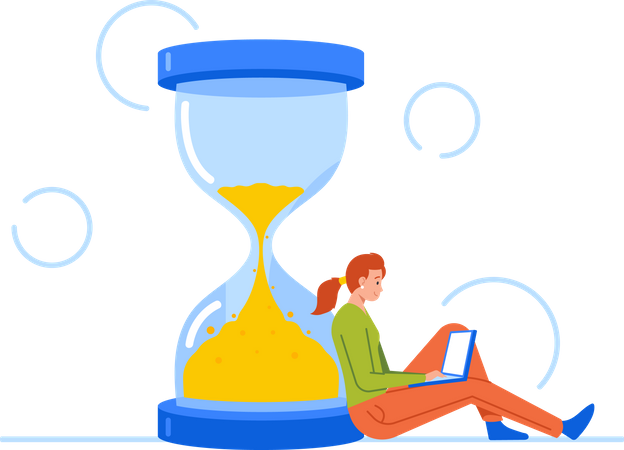 Businesswoman Sitting at Hourglass with Laptop  Illustration