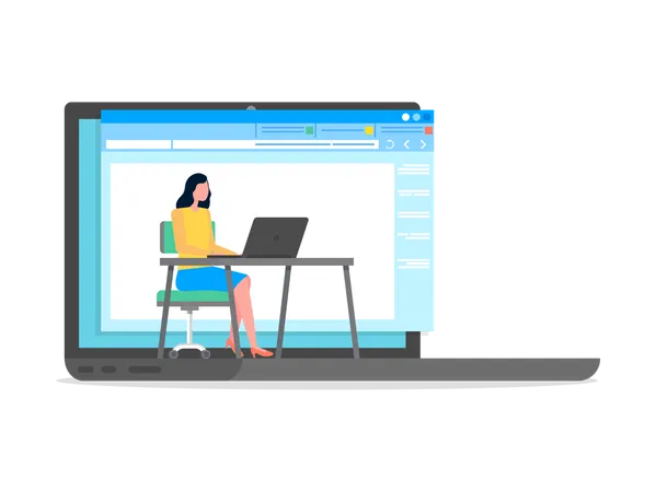 Businesswoman Sitting At Table With Laptop Working In Internet Social Network Faceless Cartoon Character And Site Development Webpage Of Site Modern Technology User Freelancer Developer Illustration