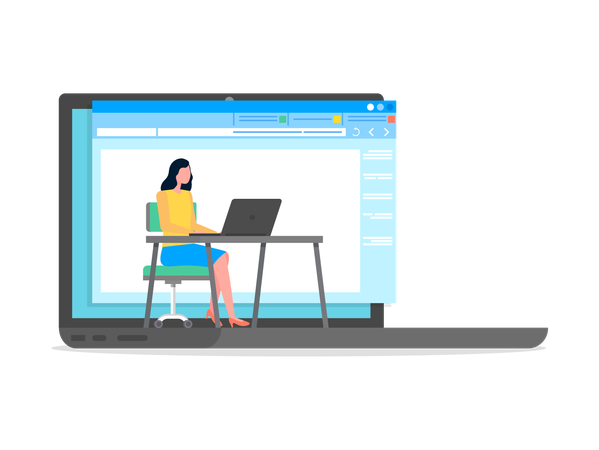 Businesswoman sitting at table with laptop  Illustration