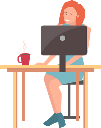 Businesswoman sitting at workplace and working with computer  Illustration