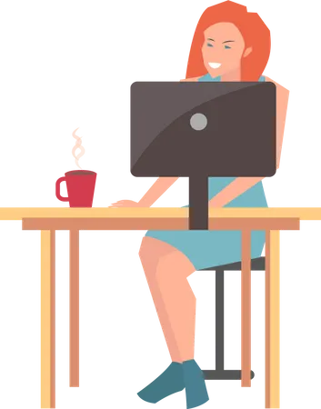 Businesswoman Sitting At Workplace And Working With Computer Woman Works In Business Plans Development Strategy Freelance Business Company Employee At Table With Monitor Doing Work Online Illustration